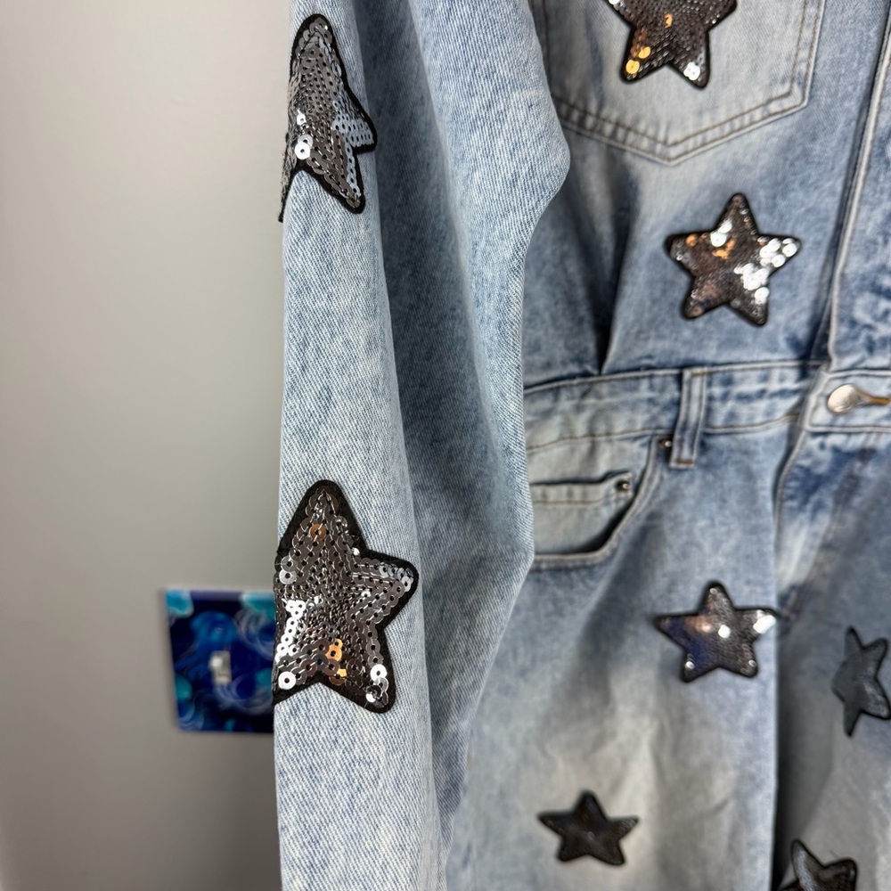 NWT Buddy Love RAELYNN DENIM Blue MINI DRESS Sequin Stars Rodeo Festival Large - Picture 9 of 14
